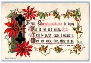 1913 Christmas Holly Pointessia Flowers Peom Peshtigo Wisconsin WI Postcard
