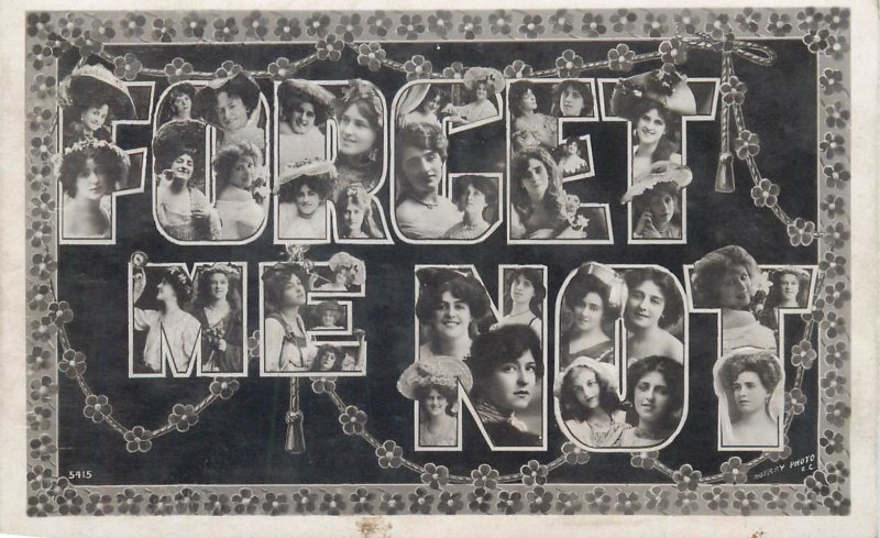 FORGET ME NOT multi ladies portraits mosaic Rotary photo postcard England 