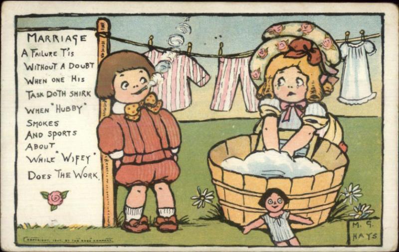 Girl Doing Laundry - Boy Smoking Cigarette MG Hays MARRIAGE Postcard