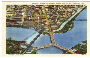 Famous Y Bridge and Business Section from the Air, Zanesville, Ohio