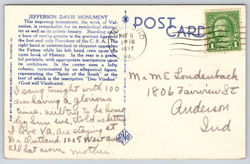 Richmond Virginia~Jefferson Davis Monument~Column~Fence~Linen 1937 Postcard