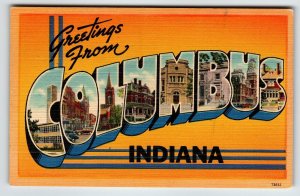 Greetings From Columbus Indiana Large Big Letter Postcard Linen Unused Tichnor