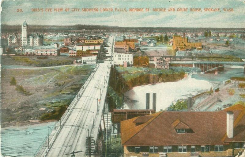 Spokane WA Bird's Eye View Postcard Lower Falls, Monroe St Bridge, Court House