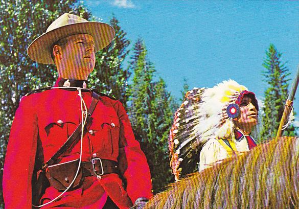 Canada Royal Canadian Mounted Pollice Officer and North American Indian in Tr...