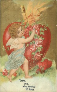 Valentine Cupid & Giant Heart on Fire FOR ONE WHO THINKS OF THEE Postcard