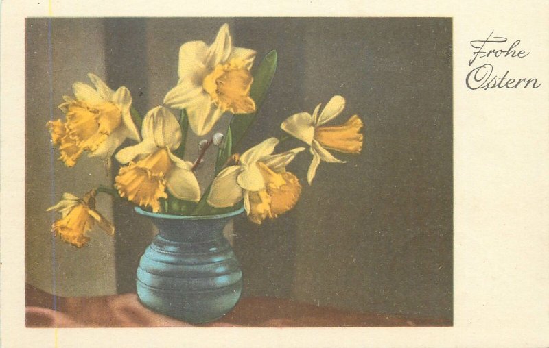 Postcard Greetings vase flowers yellow frohe ostern