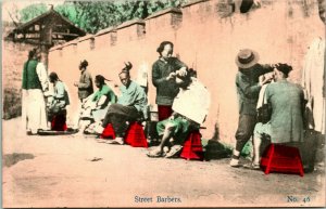 Vtg Postcard 1910s Shanghai China - Street Barbers - SS Picture Pub UNP Tinted 