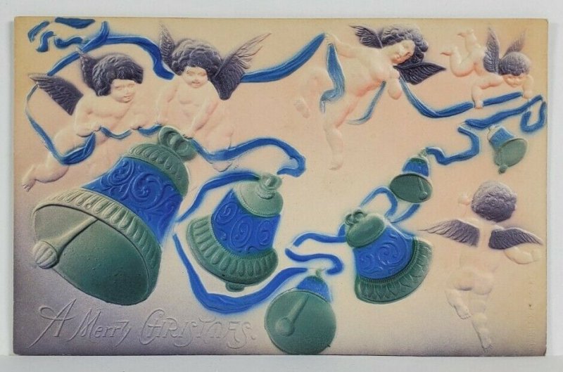 Christmas Cherubs and Bell Airbrushed Blue Green Embossed Postcard S9