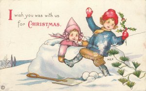 S/A MEP Mary Evans Price Postcard Christmas Children with Snowballs & Fort 735-A