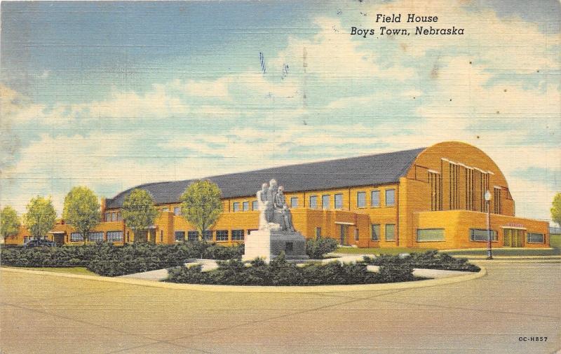 Boys Town Nebraska~Field House~Statue/Monument in Front~1951 Linen Postcard