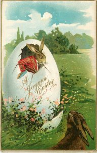 Embossed Easter Postcard B 235 Dressed Rabbit at 'Window' of Giant Egg House