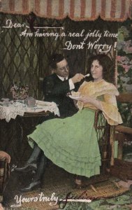 Vintage Postcard Lovers Couple Dinner Date Spoonfeeding Sweet Romance