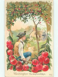 Pre-Linen Patriotic GEORGE WASHINGTON ABOUT TO CHOP DOWN CHERRY TREE AC0851