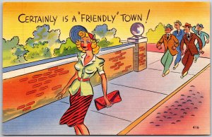 Lady Walking Chased by Men Certainly Friendly Town Comic Card Postcard