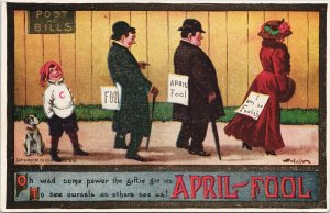 April Fool Humour People in Line Post No Bills Boy Dog Funny #156 Postcard G79