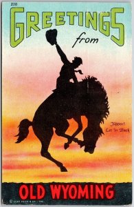 Greetings From Old Wyoming WY Sunset Horse Ride Cowboy Postcard