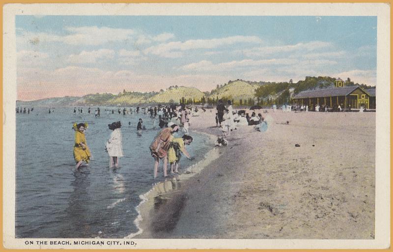 Michigan City, Ind., children playing on the beach in swimming costumes-1913