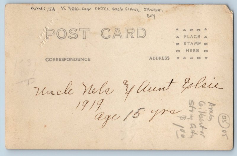 15 Years Old Dapper High School Student Boy Ames Iowa IA RPPC Photo Postcard