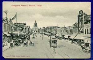 Austin Texas Congress Avenue 1920s trolleys tracks horses autos postcard