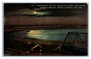 Moonlight on Missiouri River From KIansas City Depot MO UNP DB Postcard P20