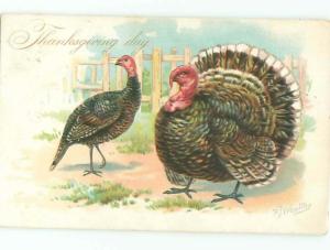 Pre-Linen Thanksgiving signed TURKEY BIRDS BY THE FENCE AB4404