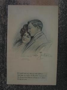 COUPLE SNUGGLING - POEM Artist Signed Romantic PC