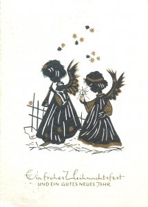 Musical angels silhouette New Year 1966/67 greetings fantasy postcard Germany