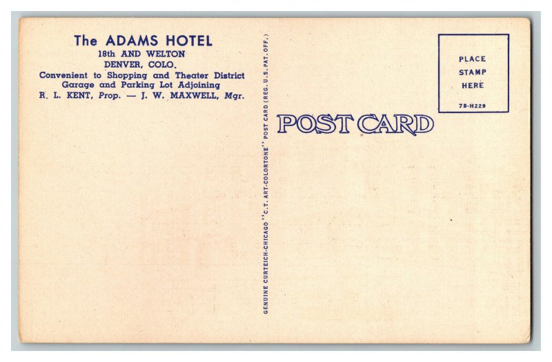 Postcard Adams Hotel 18th And Welton Denver Colorado Vintage Standard View Card 