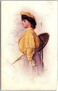 1908 Artist Signed Snow Shoe Girl Pretty Lady Curly Hair Posted Postcard