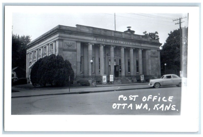 c1950's Post Office Building Car Ottawa Kansas KS RPPC Photo Vintage Postcard