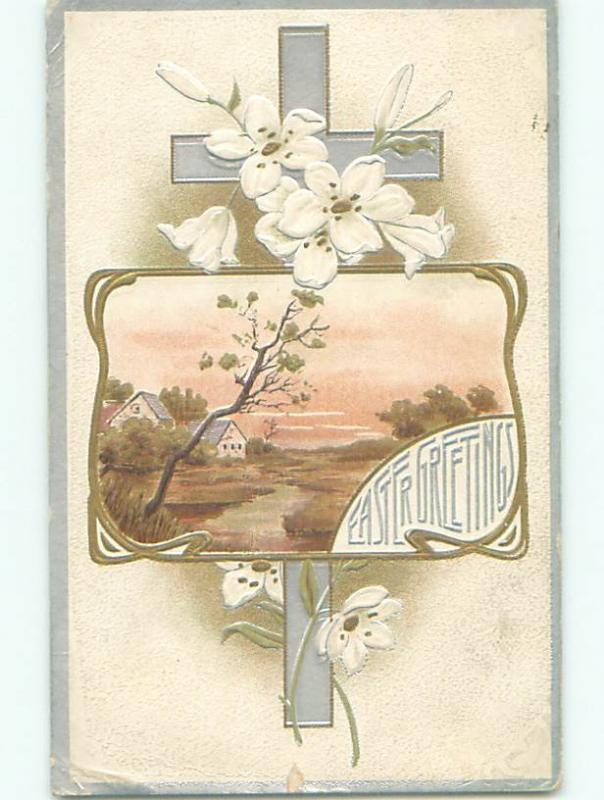 Pre-Linen easter religious COUNTRY SCENE WITH FLOWERS AND JESUS CROSS J2140