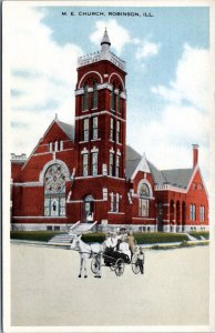 Postcard IL Robinson -Methodist Episcopal Church- Family in horse cart