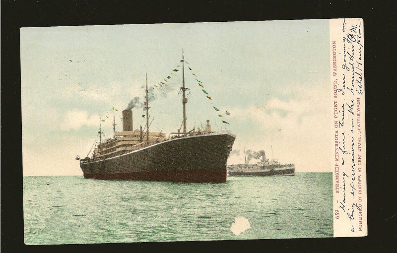 USA Postmark 1907 Seattle Wash Steamship MINNESOTA on Puget Sound Postcard