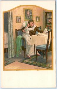 Signed Artist  PAULI EBNER Romantic Couple Kiss at Table Postcard