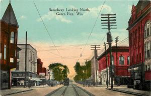 c1910 Postcard; Broadway Street Scene Green Bay WI Brown County unposted