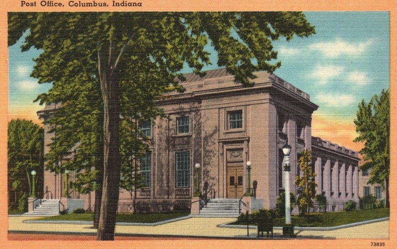 Vintage Postcard Post Office Building Historic Landmark Columbus Indiana CNA Pub