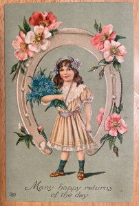 Vintage Victorian Postcard 1910 - Many Happy Returns of The Day - Pink Dogwood