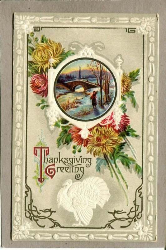 Postcard Thanksgiving Embossed Turkey Flowers Foot Bridge Girl River 1915L