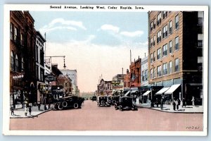 Cedar Rapids Iowa Postcard Second Avenue Looking West Classic Cars 1920 Unposted