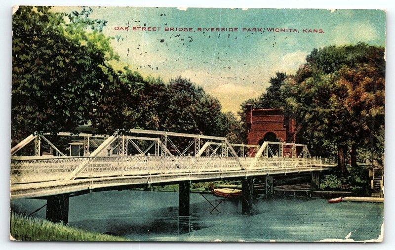 1910 WICHITA KANSAS OAK STREET BRIDGE RIVERSIDE PARK EARLY POSTCARD P1798