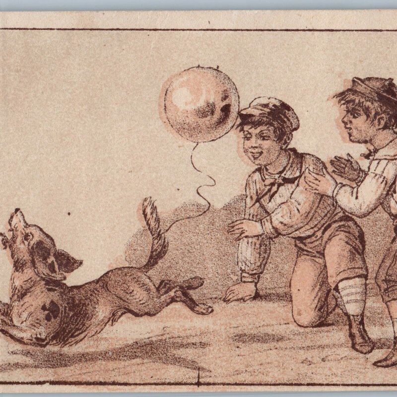 c1880s Boys Tease Dog Puppy Balloon Tail Lith Art Trade Card Newsboy Knicker C51