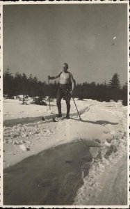 Man Cross Country Skiing Shirtless Bare Chested Real Photo Postcard