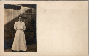 RPPC Victorian Woman White Dress at Wooden Fence For Photo c1908 Postcard V3