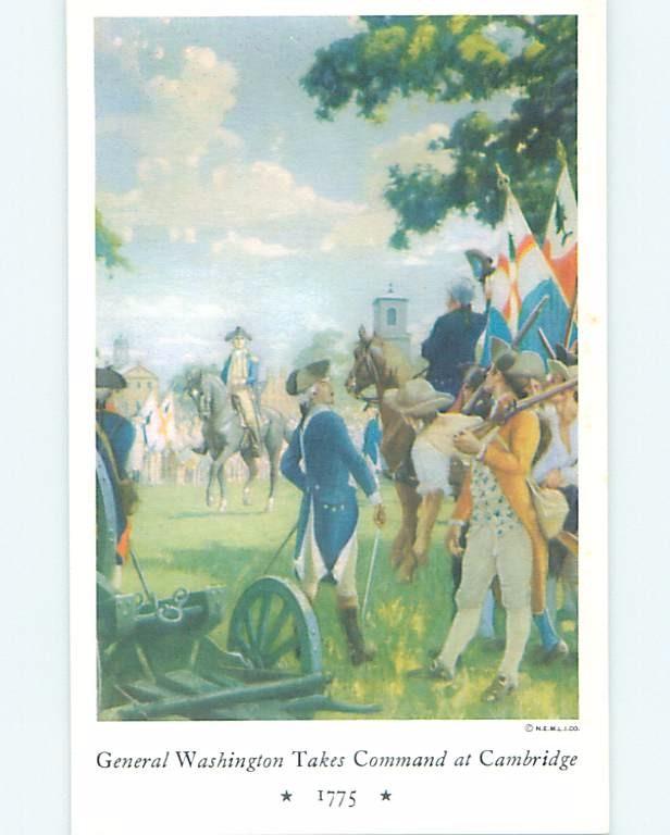 Unused Linen Patriotic GEORGE WASHINGTON AT CAMBRIDGE HM9467@