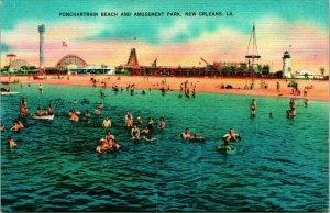 Vtg Linen Postcard New Orleans LA Louisiana Ponchartrain Beach Amusement Park 