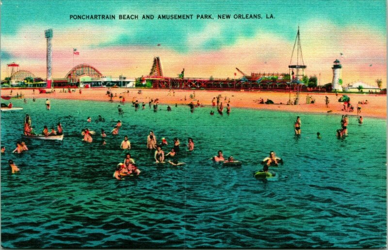 Vtg Linen Postcard New Orleans LA Louisiana Ponchartrain Beach Amusement Park 