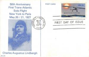 1977 CHARLES LINDBERGH First Day Issue POSTCARD Stamp 50th Anniversary FlightM30