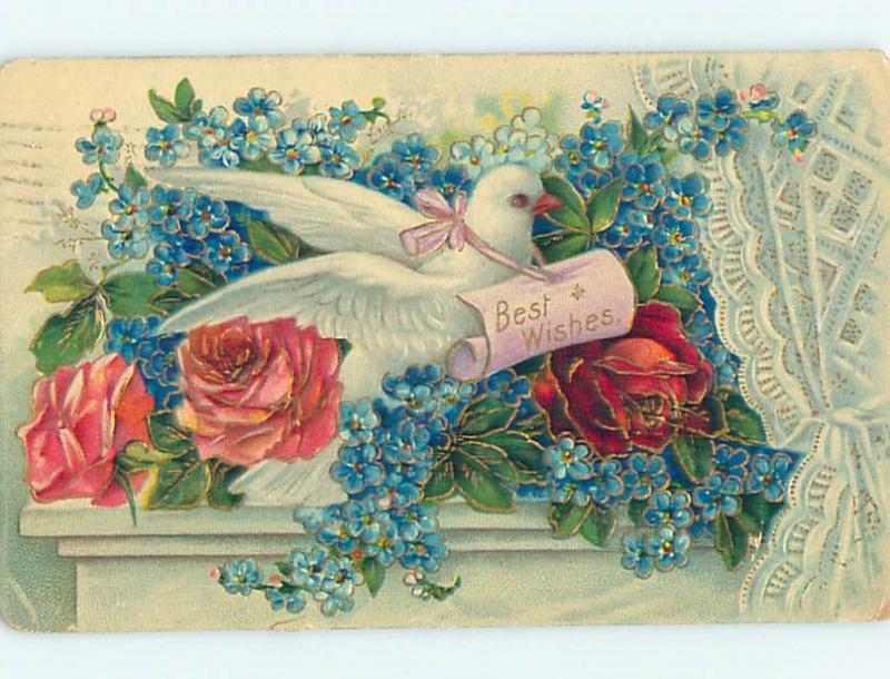 Pre-Linen BEAUTIFUL DOVE BIRD SITTING IN ROSE & FORGET-ME-NOT FLOWERS HL6051