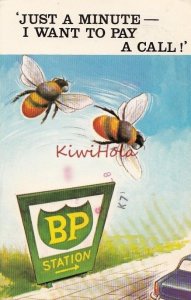 Postcard Advertising BP Gas Station Just a Minute I Want to Pay a Call Bees