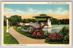 Band Stand On Lake Eola, Orlando, Florida FL, Vintage Linen Curt Teich Postcard